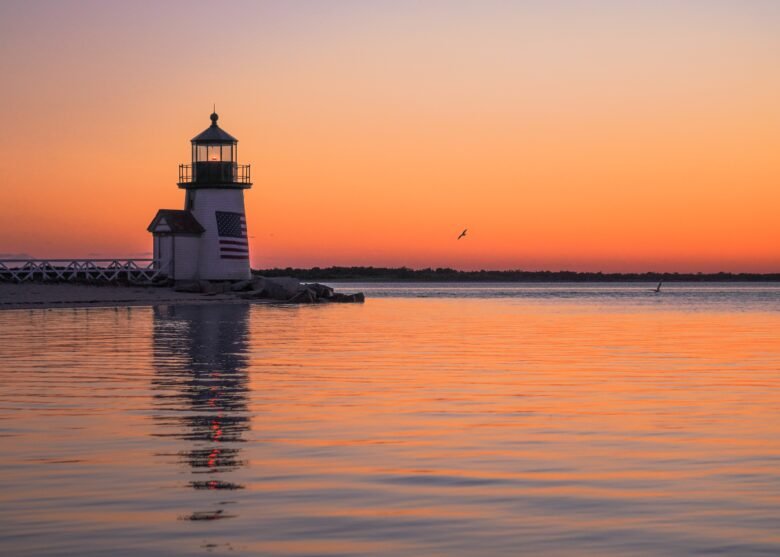 lighthouse during sunset nantucket island
